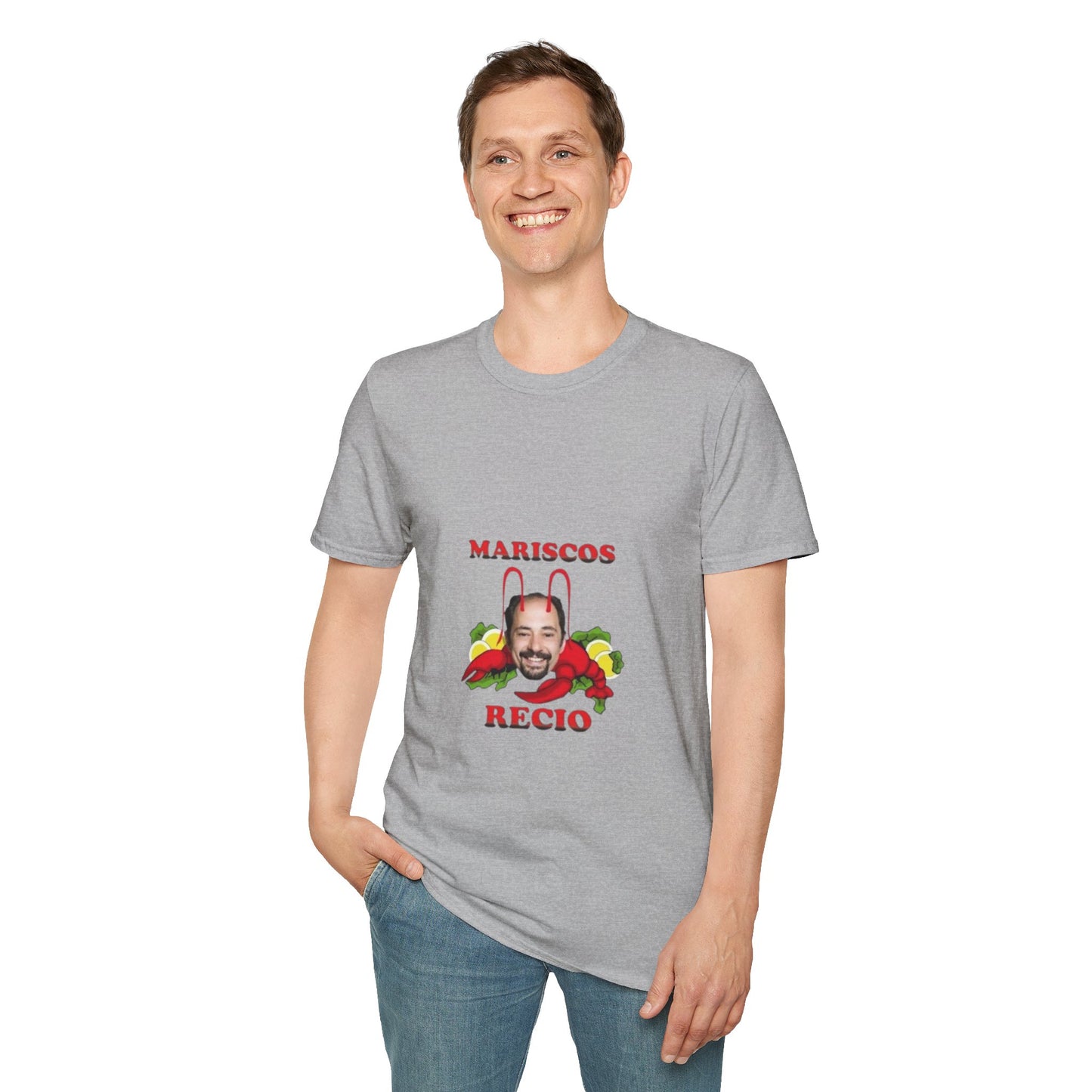 Unisex Softstyle T-Shirt with 'Mariscos Recio' Design, Funny Gift, Seafood Lover Apparel, Casual Wear, Unique Graphic Tee