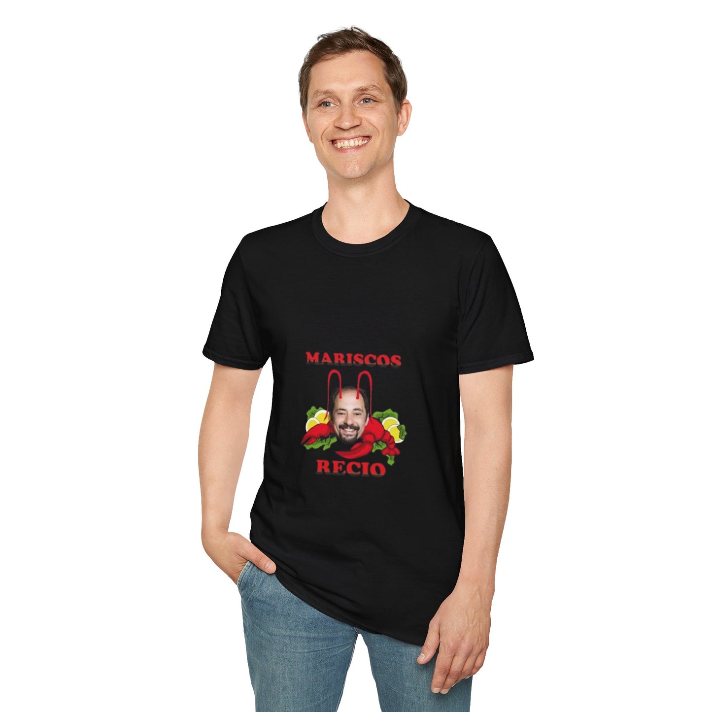 Unisex Softstyle T-Shirt with 'Mariscos Recio' Design, Funny Gift, Seafood Lover Apparel, Casual Wear, Unique Graphic Tee