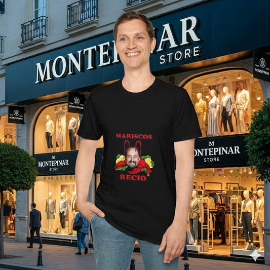 Unisex Softstyle T-Shirt with 'Mariscos Recio' Design, Funny Gift, Seafood Lover Apparel, Casual Wear, Unique Graphic Tee